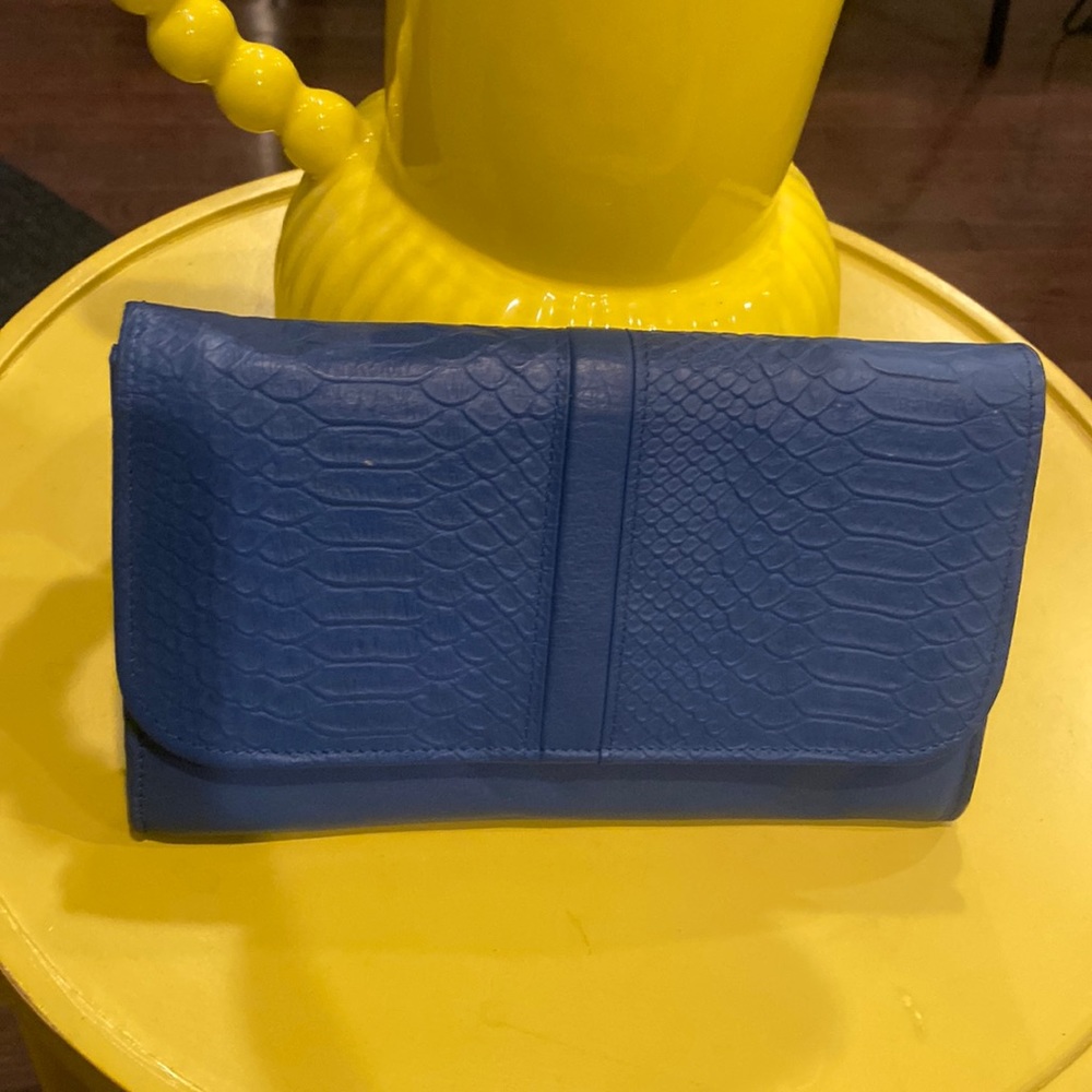 Blue Faux Croc Fold-Over Clutch Wristlet